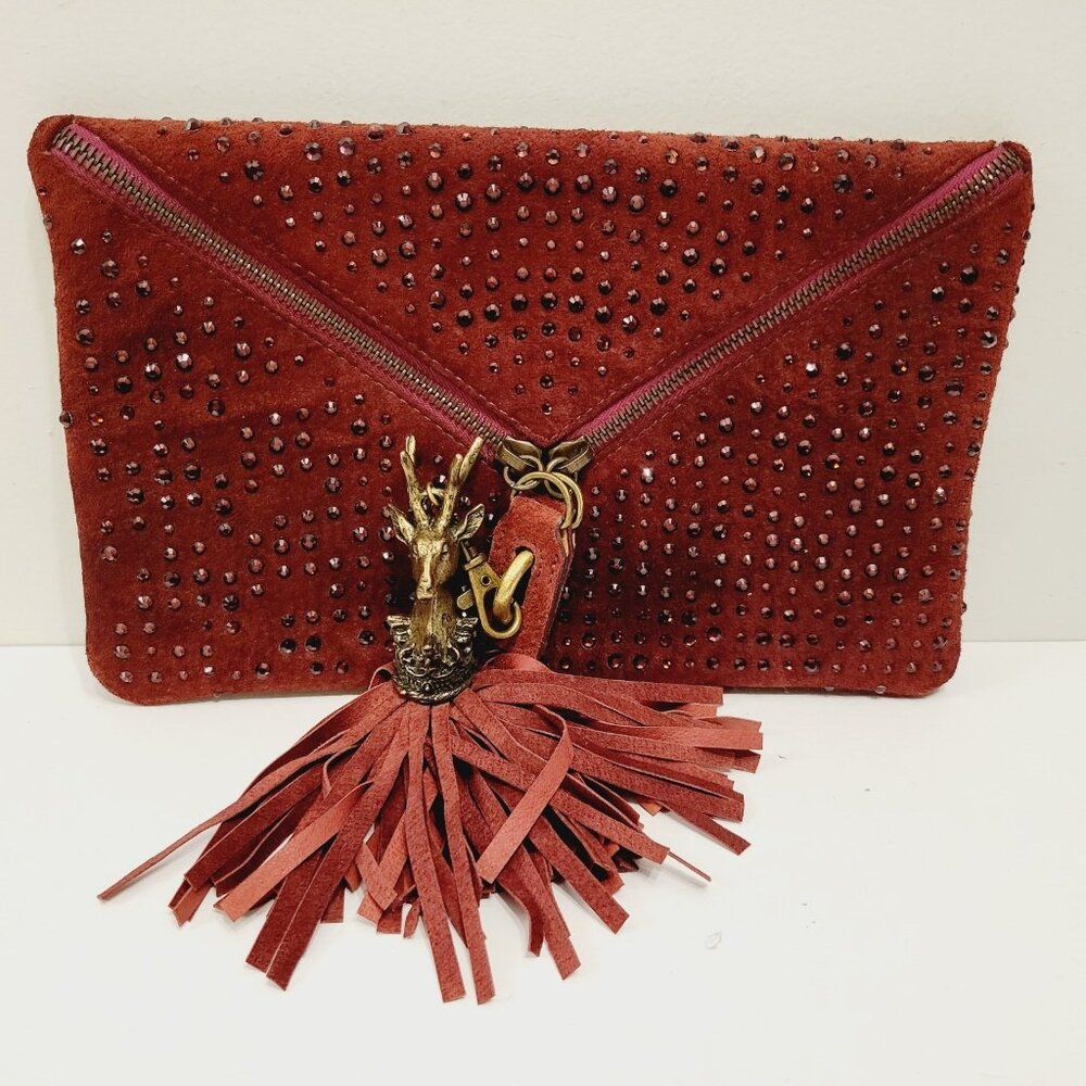 Cassandra Los Angeles Designer Studded Suede Burgundy Ornament Tassel Clutch Bag